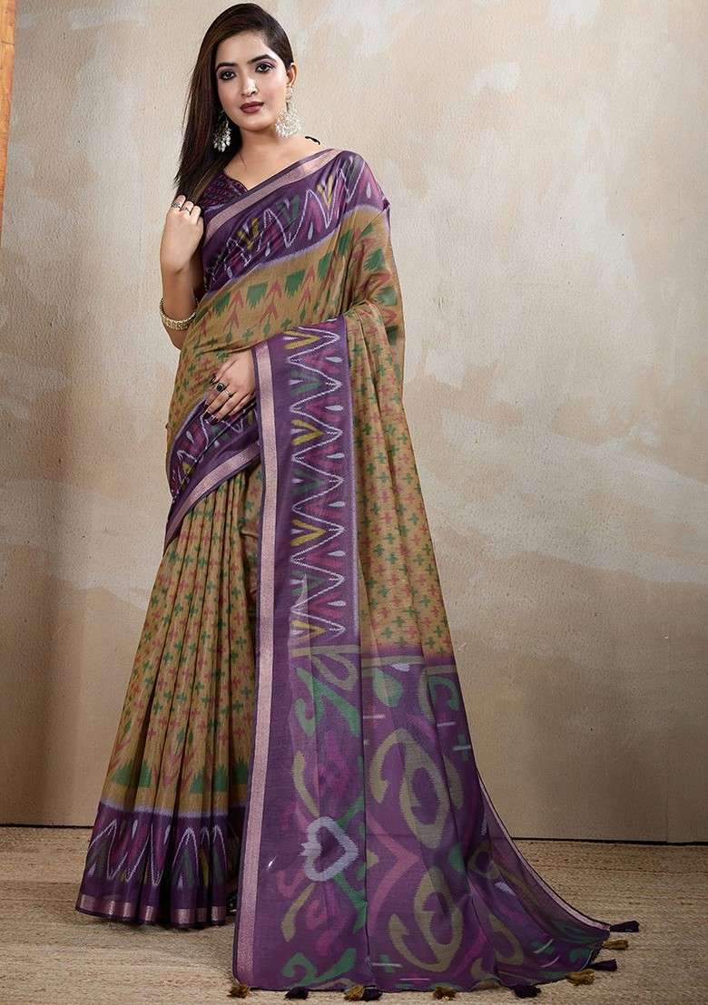 Brown Printed Blended Saree Set - Indya