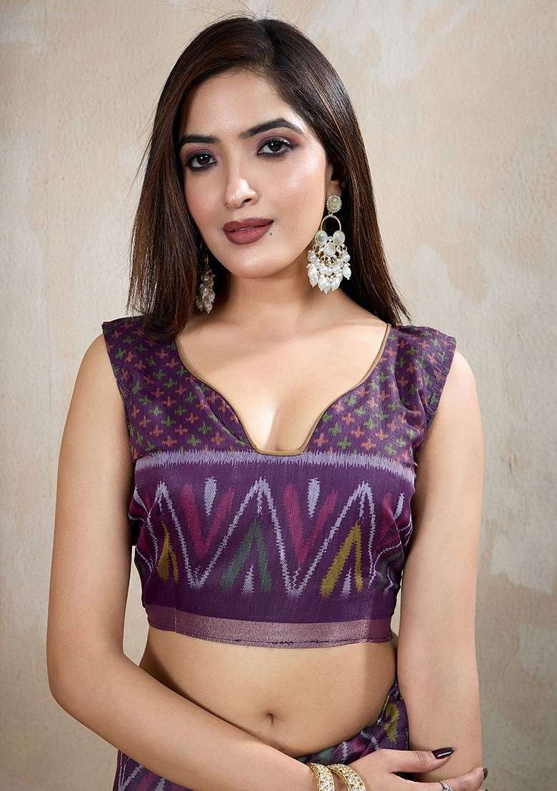 Brown Printed Blended Saree Set - Indya