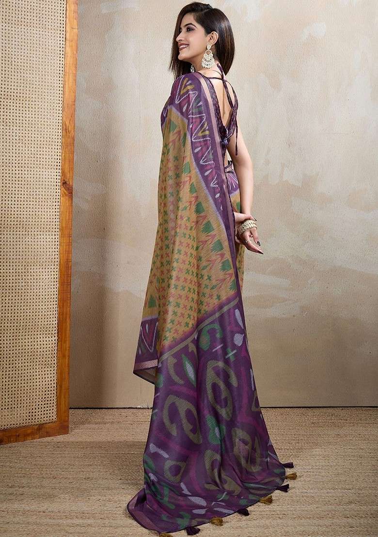 Brown Printed Blended Saree Set - Indya