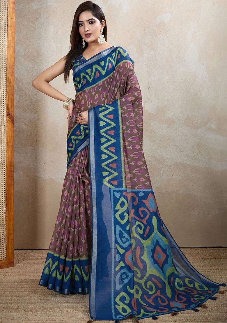 Brown Embroidered Blended Saree Set - Indya