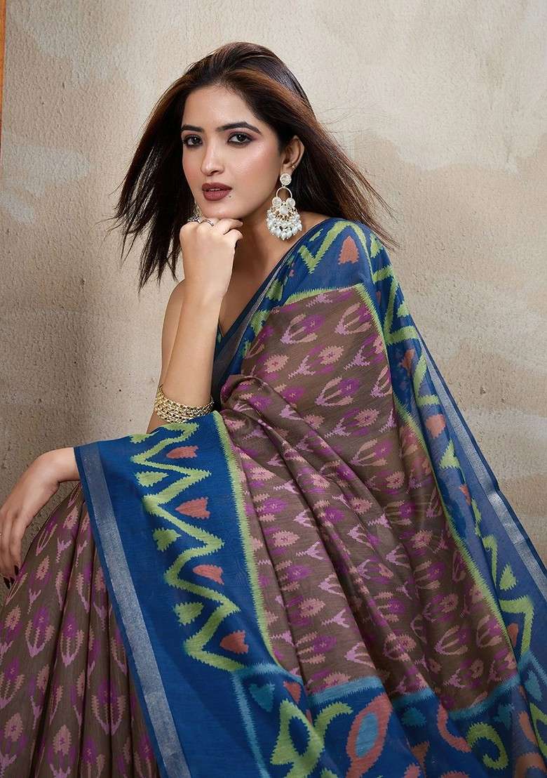 Brown Embroidered Blended Saree Set - Indya