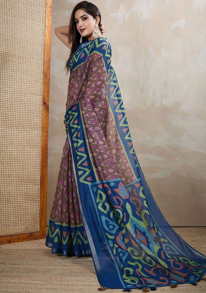 Brown Embroidered Blended Saree Set - Indya