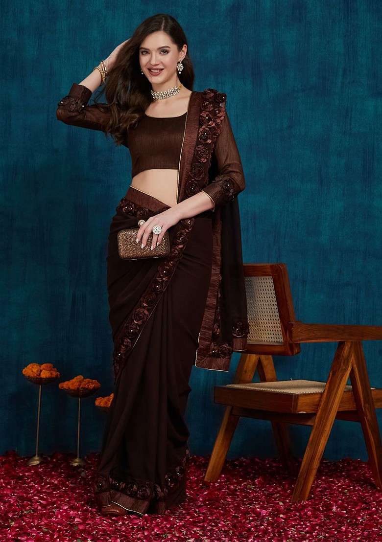 Brown Embroidered Blended Saree Set for Diwali and Festive Wear - Indya