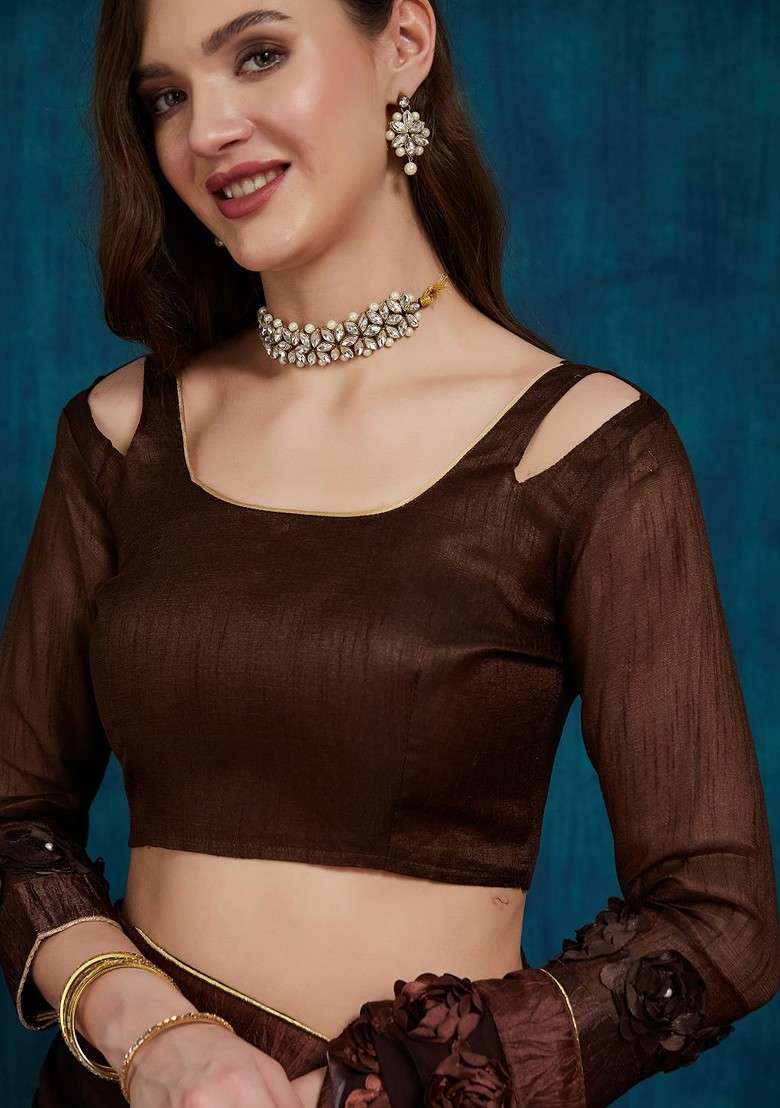 Brown Embroidered Blended Saree Set for Diwali and Festive Wear - Indya