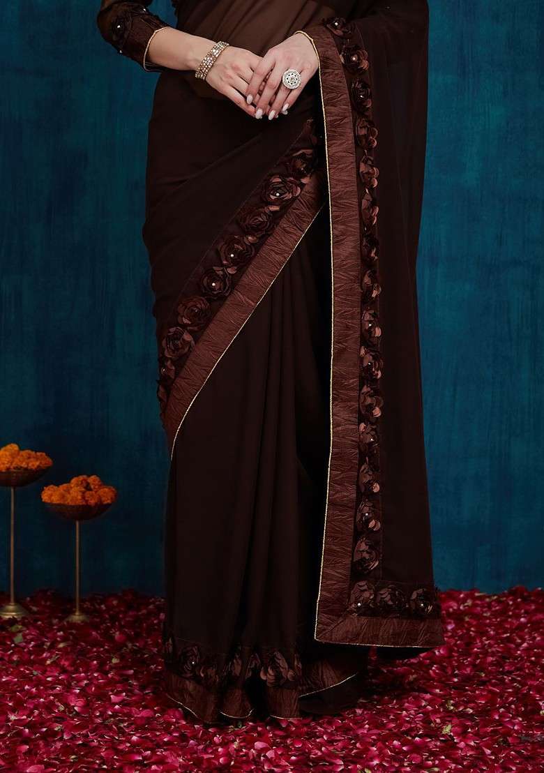 Brown Embroidered Blended Saree Set for Diwali and Festive Wear - Indya