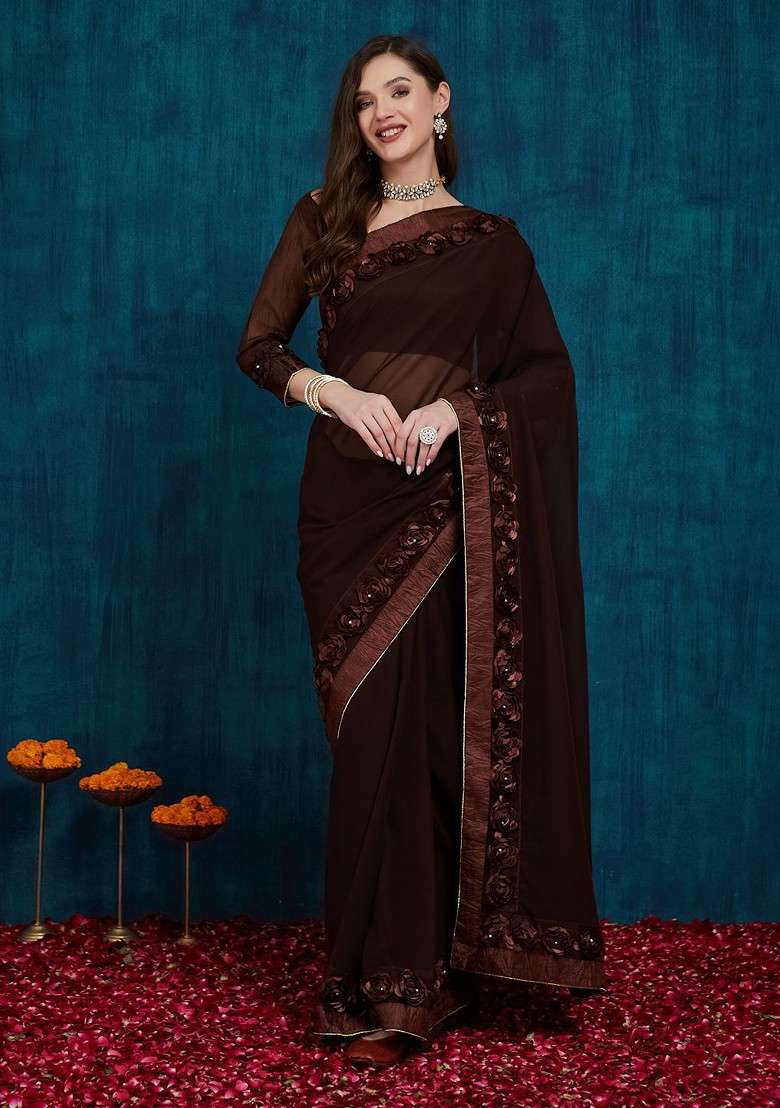 Brown Embroidered Blended Saree Set for Diwali and Festive Wear - Indya
