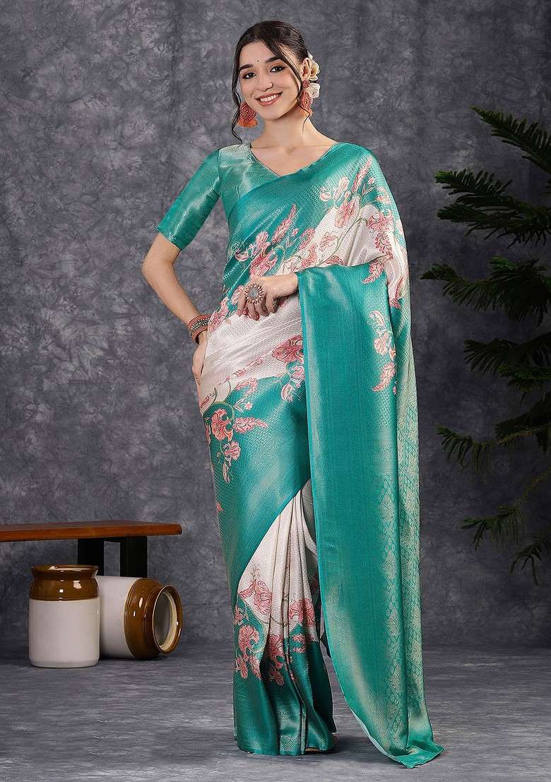 Turquoise Blue Printed Blended Saree Set - Indya