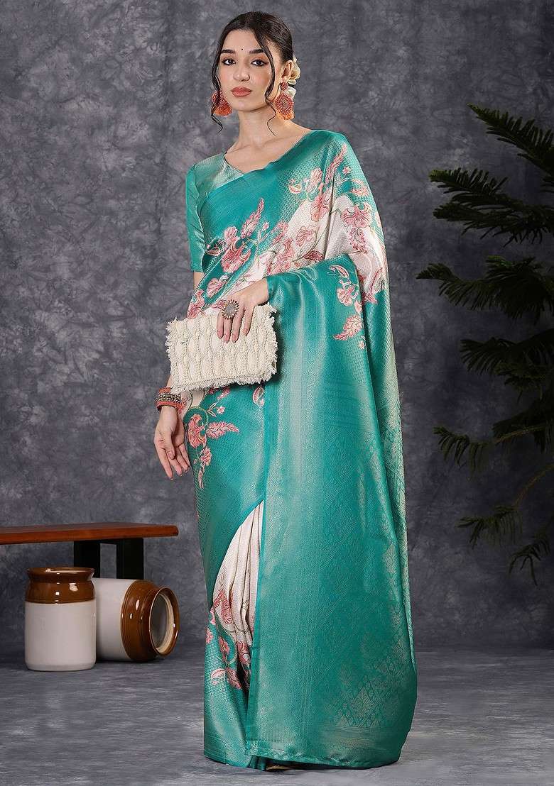 Turquoise Blue Printed Blended Saree Set - Indya