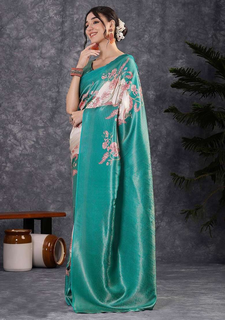 Turquoise Blue Printed Blended Saree Set - Indya