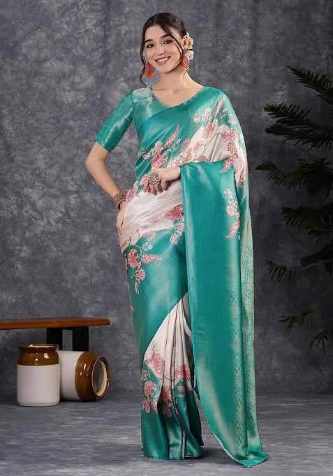 Turquoise Blue Printed Blended Saree Set