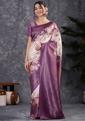 Purple Embroidered Blended Saree Set