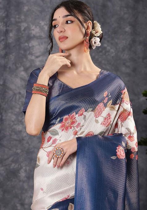 Blue Printed Blended Saree Set