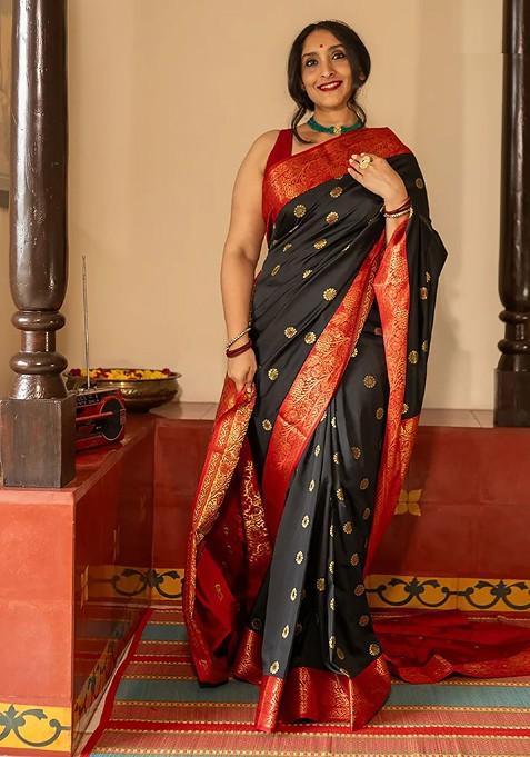 Black Jacquard Blended Saree Set — view on Indya