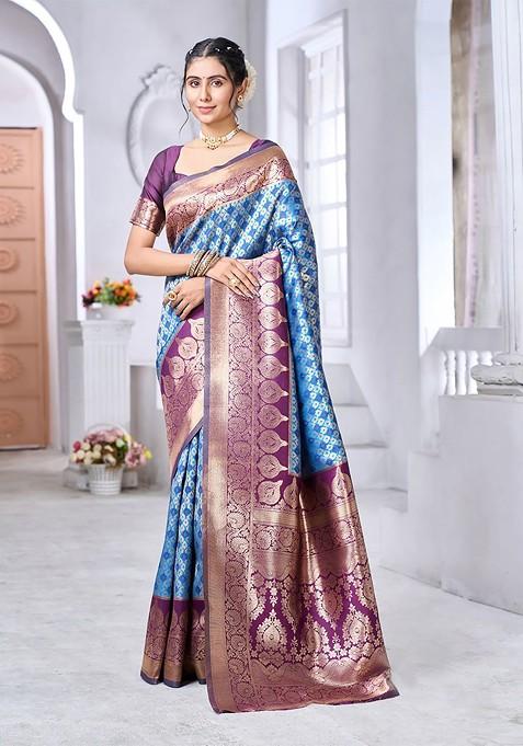 Blue Jacquard Blended Saree Set — view on Indya