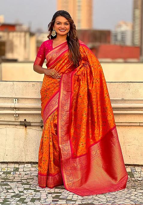 Orange Jacquard Blended Saree Set