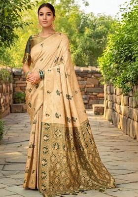 Beige Embroidered Blended Saree Set