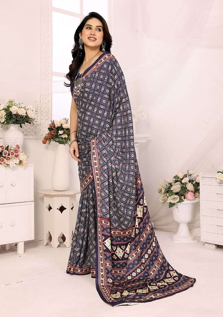 Navy Blue Embroidered Blended Saree Set - Indya