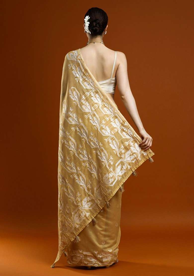 Beige Embroidered Blended Saree Set - Indya