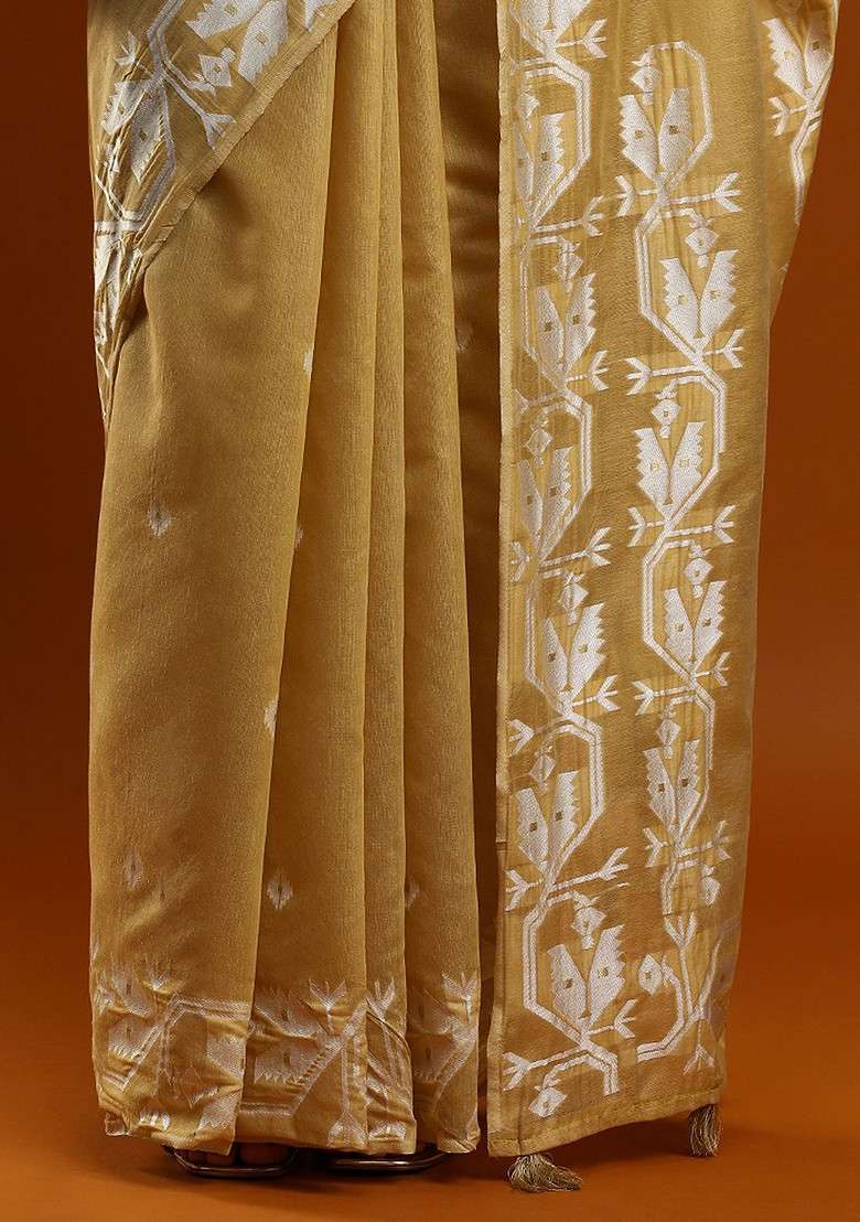 Beige Embroidered Blended Saree Set - Indya