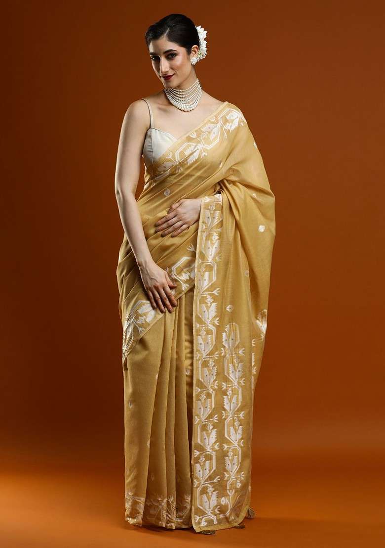 Beige Embroidered Blended Saree Set - Indya