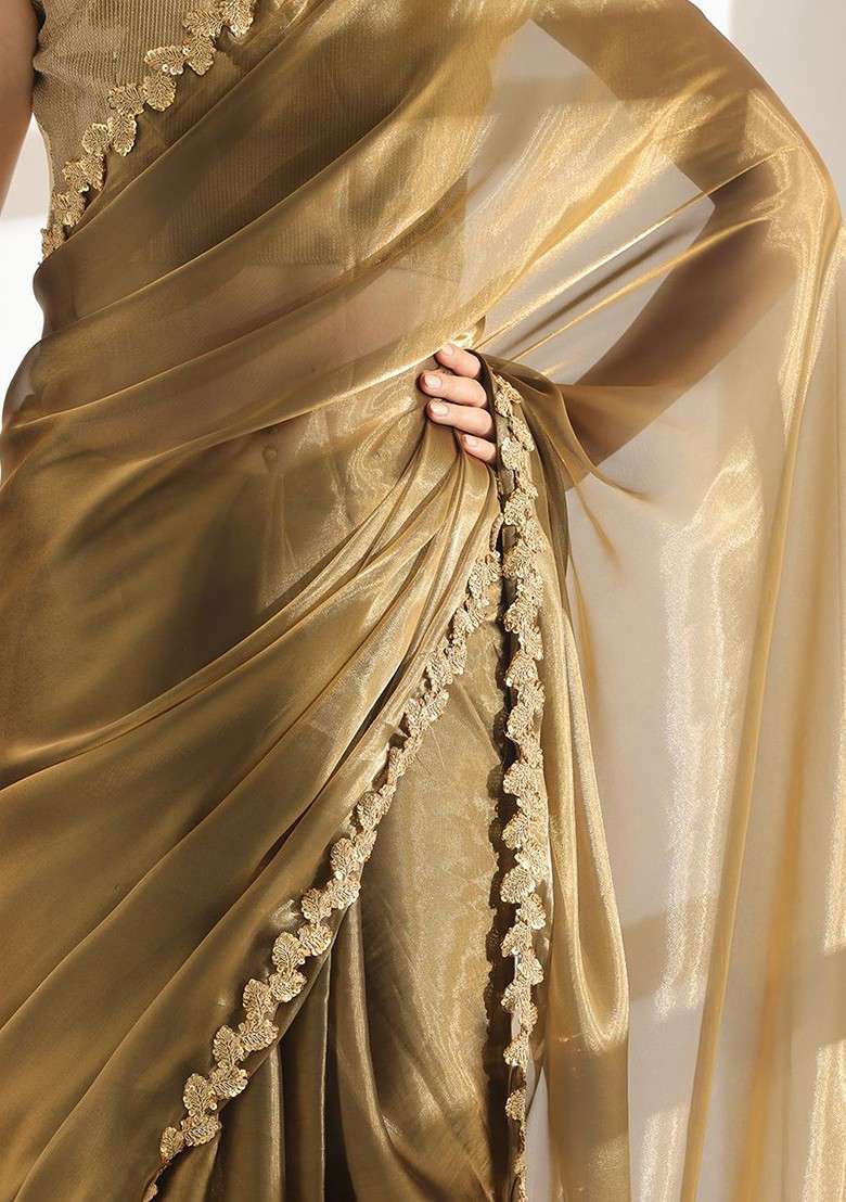 Gold Blended Saree Set with Embroidered for Diwali | Wedding & Festive Wear - Indya