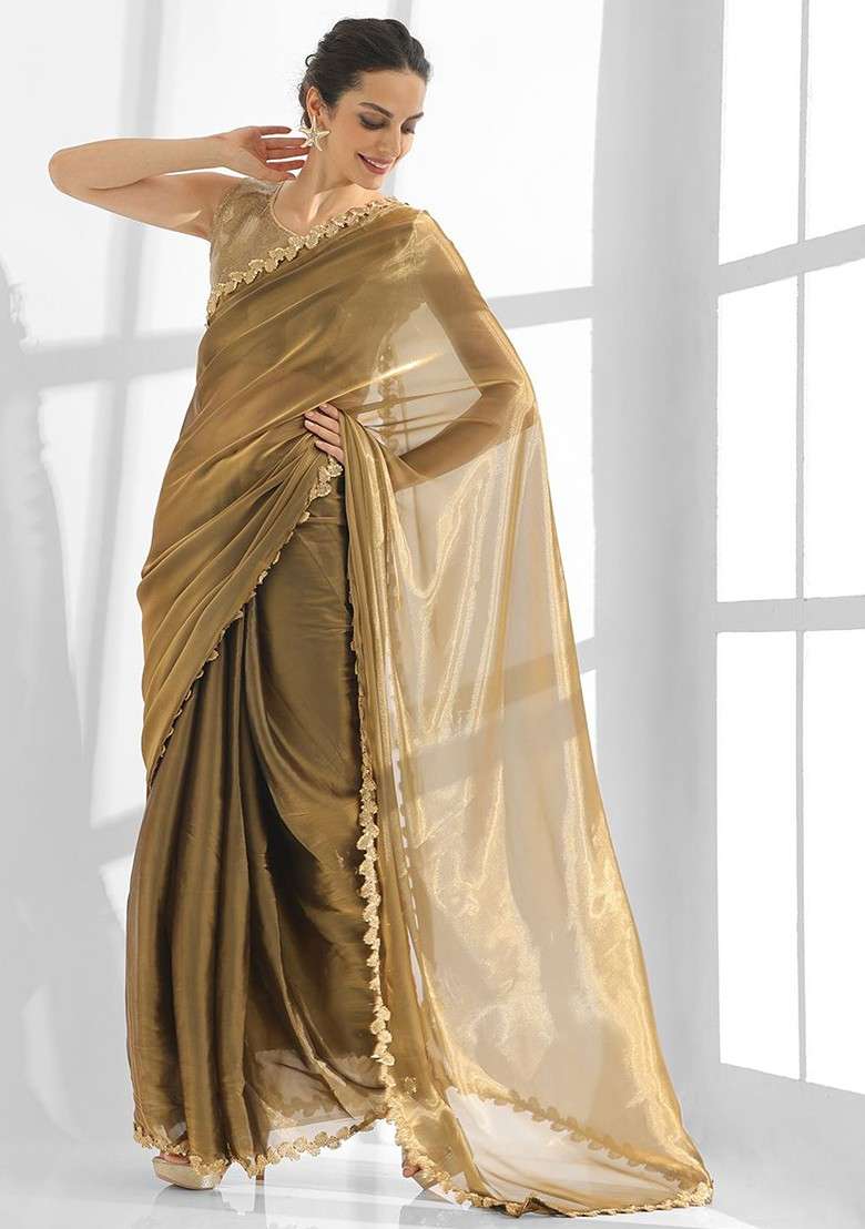 Gold Blended Saree Set with Embroidered for Diwali | Wedding & Festive Wear - Indya