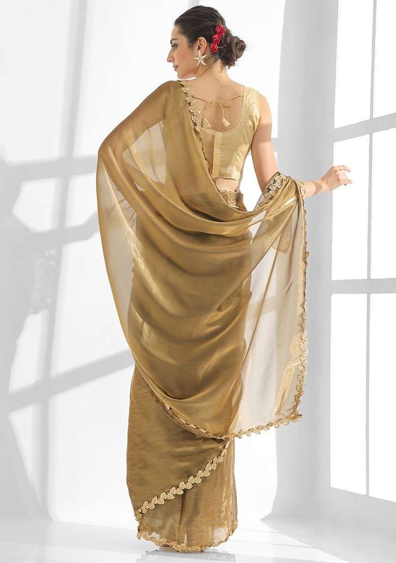 Gold Blended Saree Set with Embroidered for Diwali | Wedding & Festive Wear - Indya