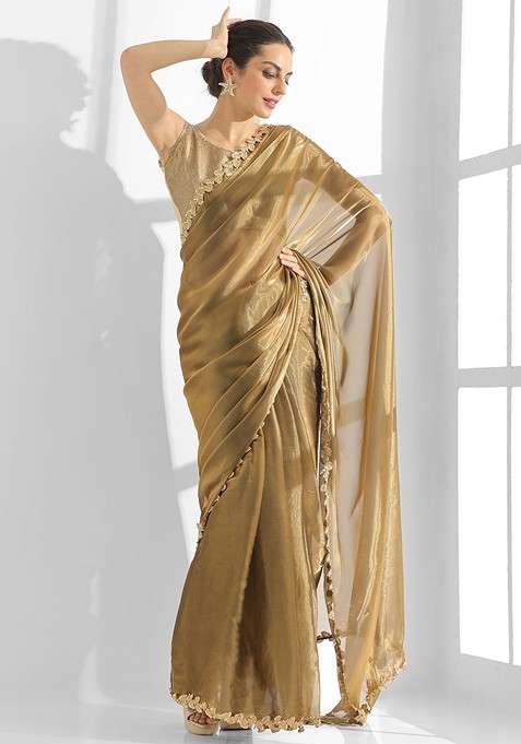 Gold Blended Saree Set with Embroidered for Diwali | Wedding & Festive Wear