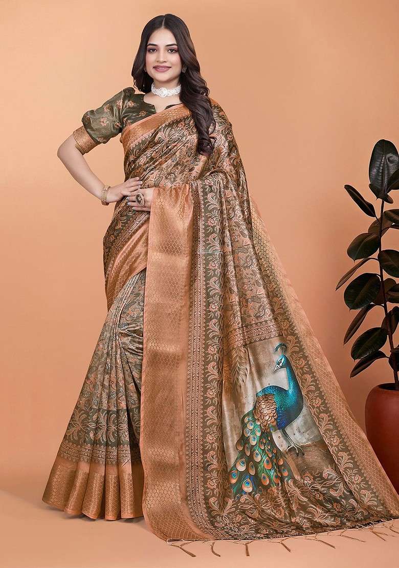 Brown Printed Blended Saree Set - Indya