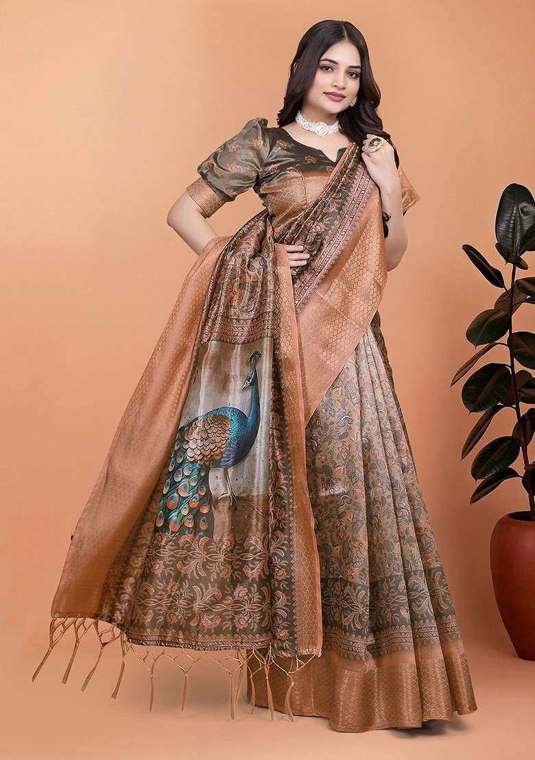 Brown Printed Blended Saree Set - Indya