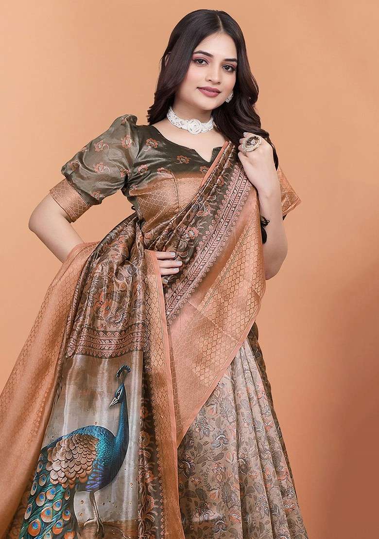 Brown Printed Blended Saree Set - Indya