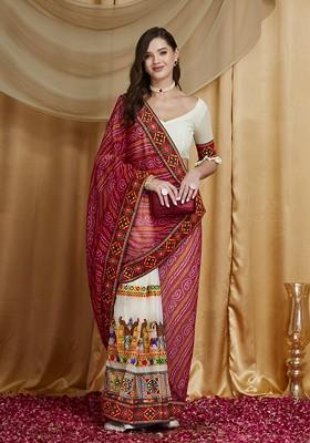 Cream Printed Blended Saree Set
