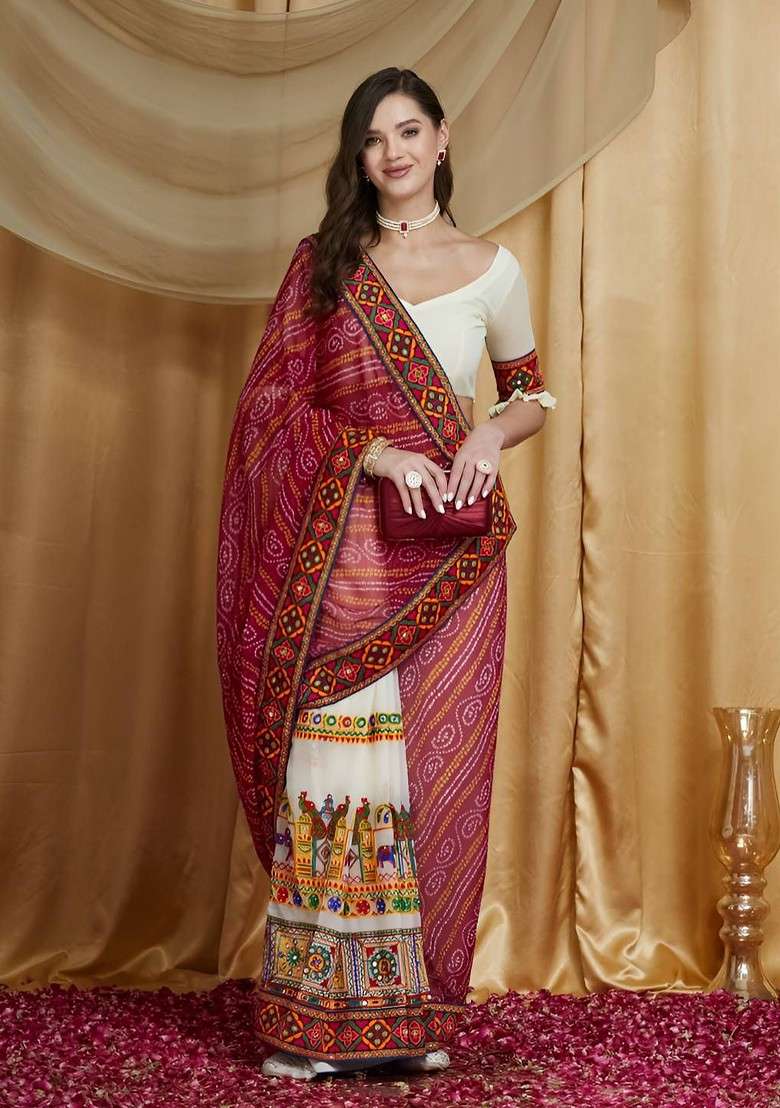 Cream Blended Saree Set with Printed for Diwali | Wedding & Festive Wear - Indya