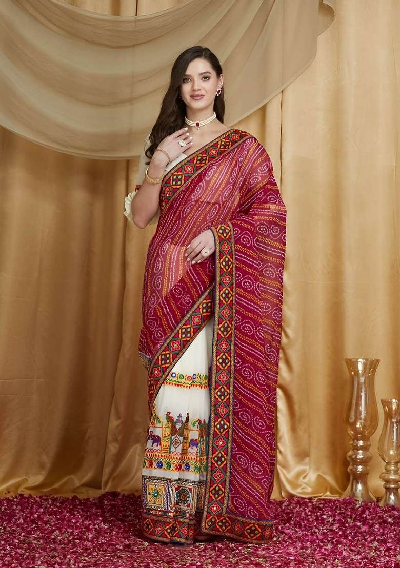 Cream Blended Saree Set with Printed for Diwali | Wedding & Festive Wear - Indya