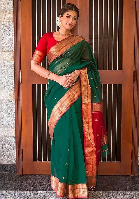 Green Jacquard Blended Saree Set — view on Indya