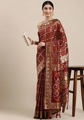Maroon Printed Blended Saree Set