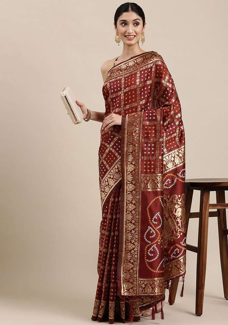 Maroon Printed Blended Saree Set - Indya