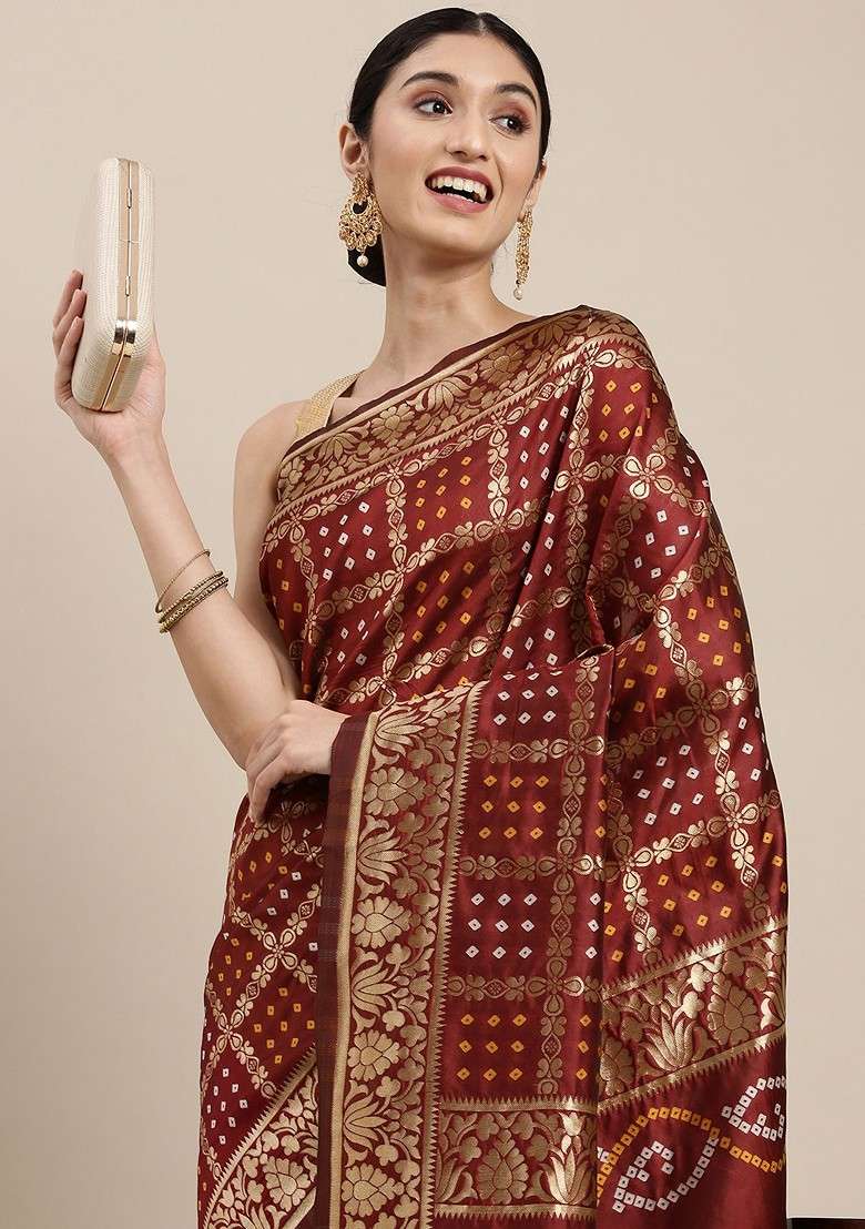 Maroon Printed Blended Saree Set - Indya