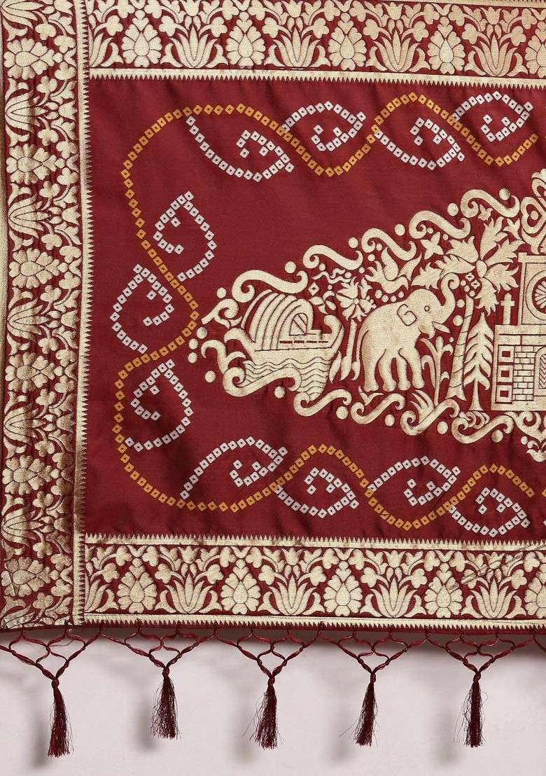 Maroon Printed Blended Saree Set - Indya