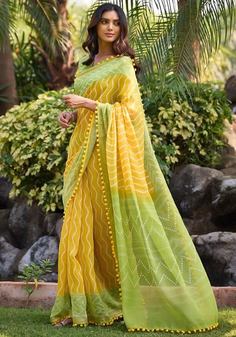 Yellow Printed Blended Saree Set