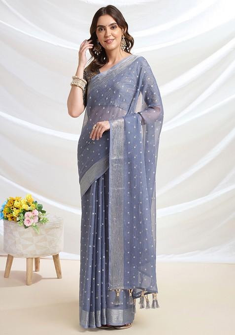 Grey Embroidered Blended Saree Set