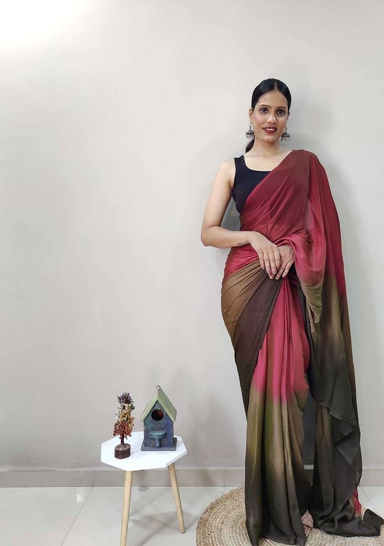 Red Embroidered Blended Saree Set - Indya