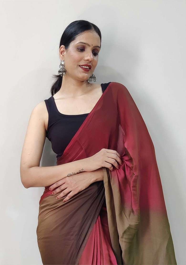 Red Embroidered Blended Saree Set - Indya