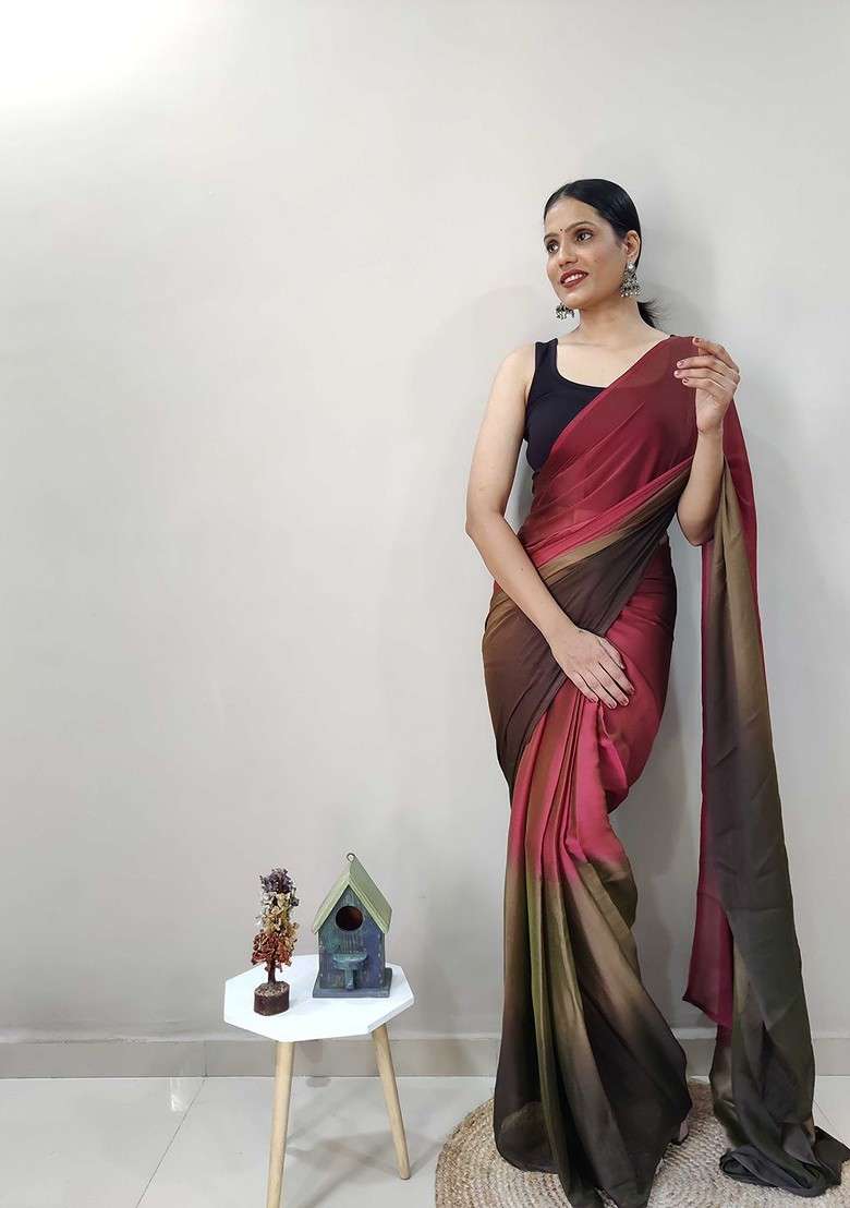 Red Embroidered Blended Saree Set - Indya
