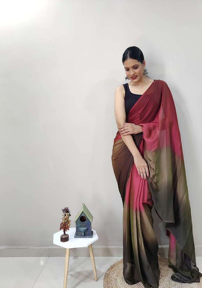 Red Embroidered Blended Saree Set - Indya
