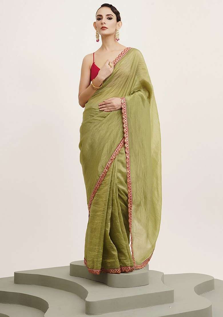 Olive Embellished Blended Saree Set for Diwali and Festive Wear - Indya