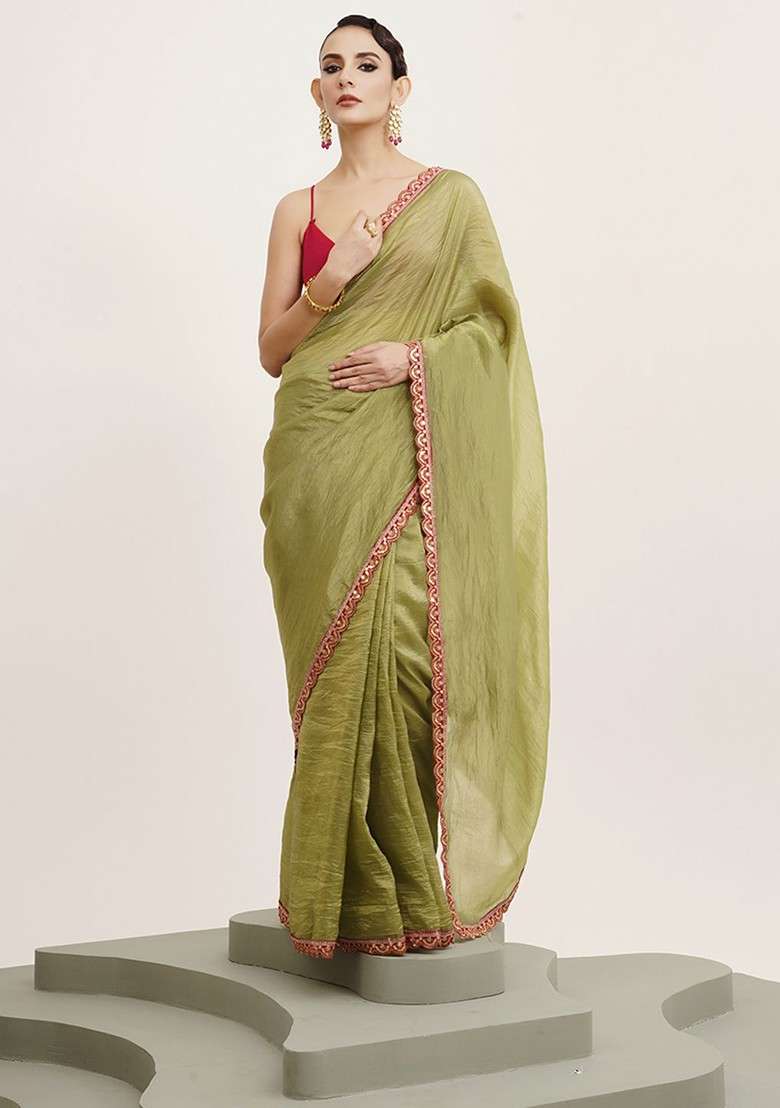 Olive Embellished Blended Saree Set for Diwali and Festive Wear - Indya
