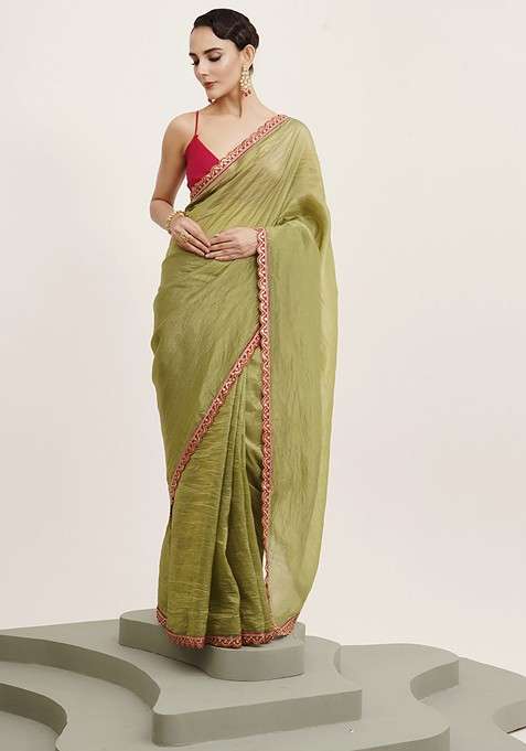 Olive Embellished Blended Saree Set for Diwali and Festive Wear