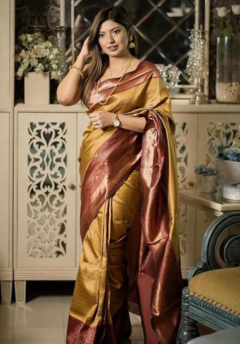 Yellow Embroidered Blended Saree Set