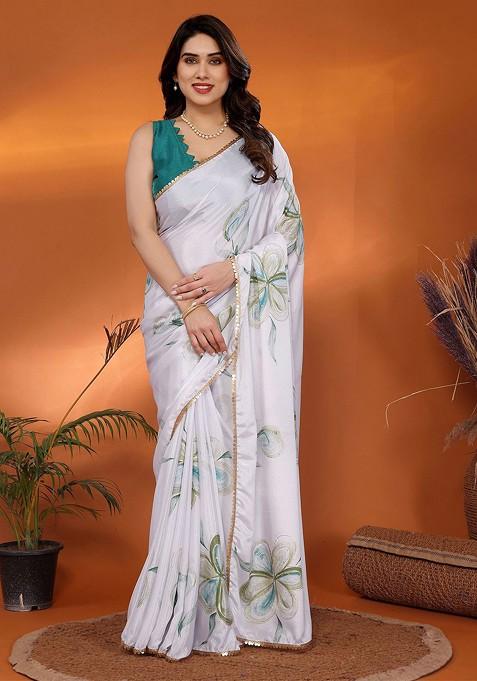 White Printed Blended Saree Set